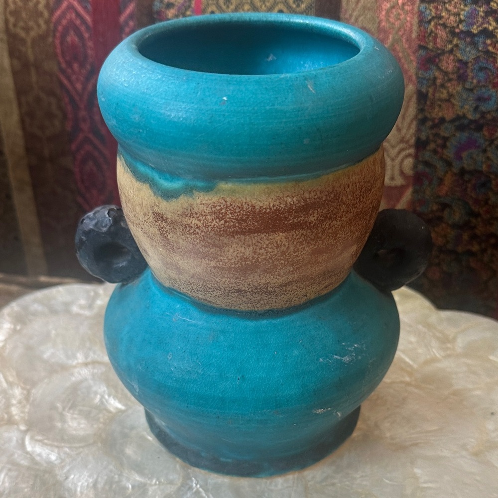 Handcrafted Turquoise and Brown Vase signed Asebrook